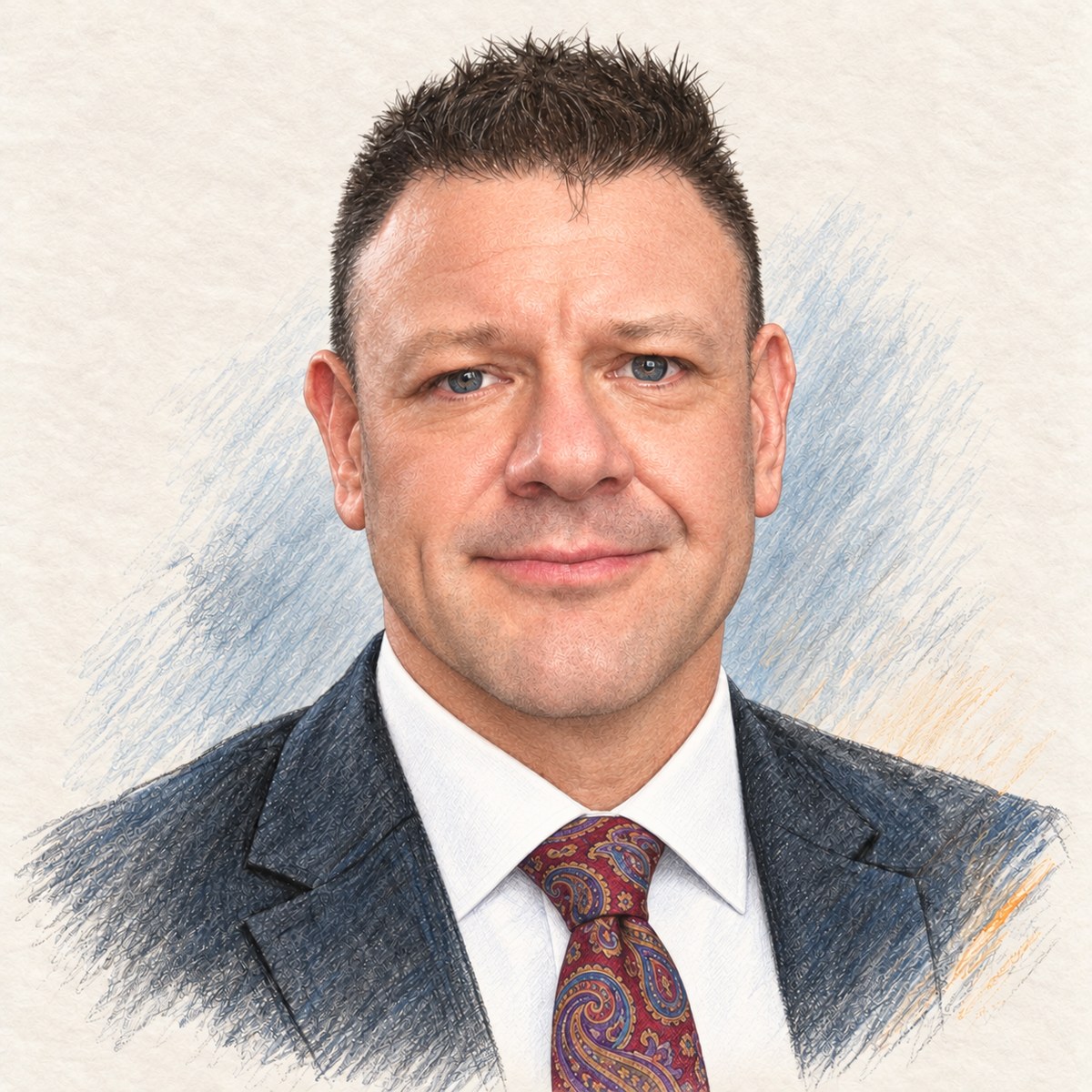 Pencil-style portrait of Ciaran Guilfoyle in a charcoal jacket, white shirt and colourful paisley tie